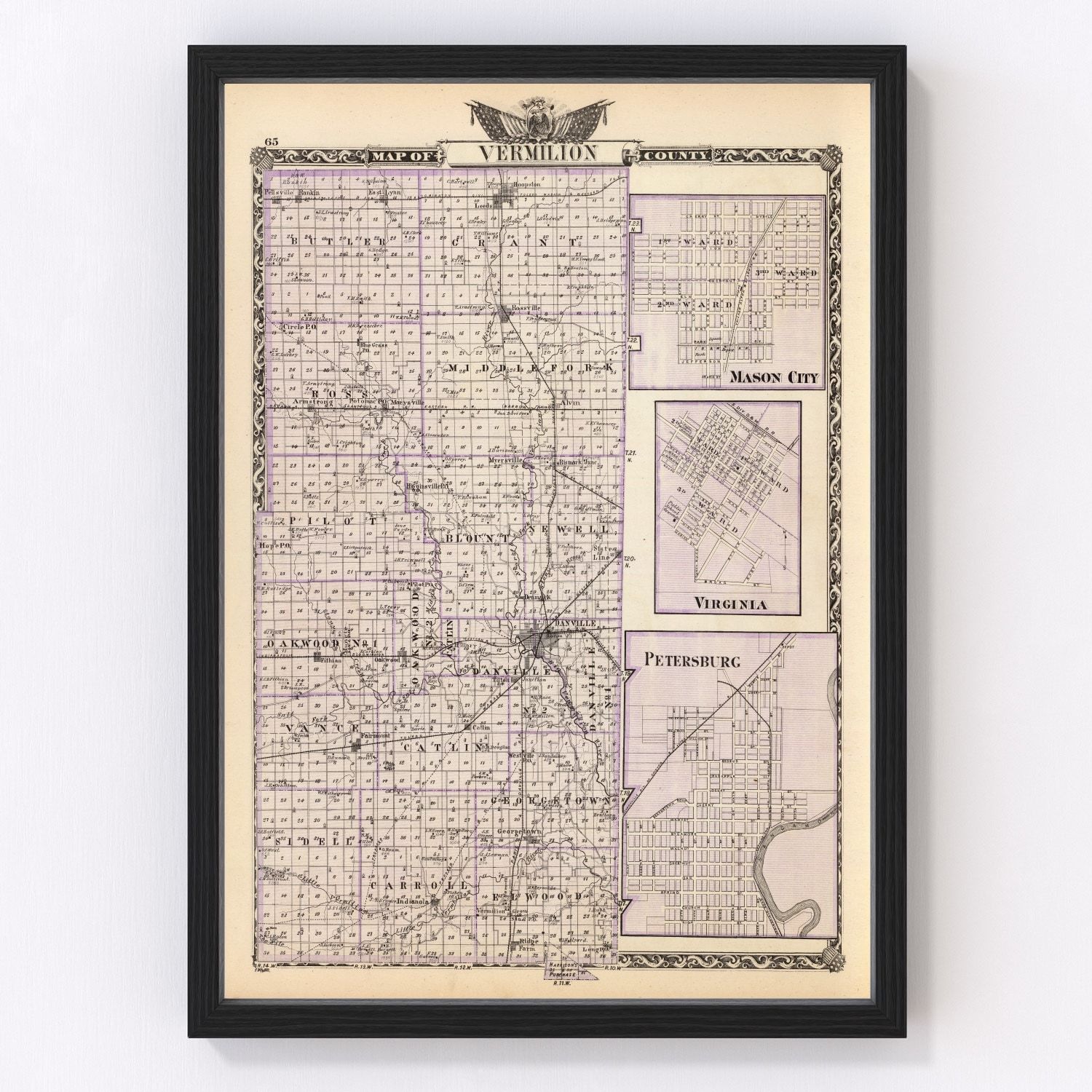 Vintage map of Vermilion County, Illinois, 1876