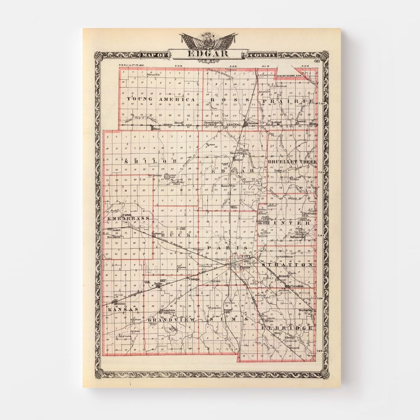 Vintage Map of Edgar County, Illinois, 1876