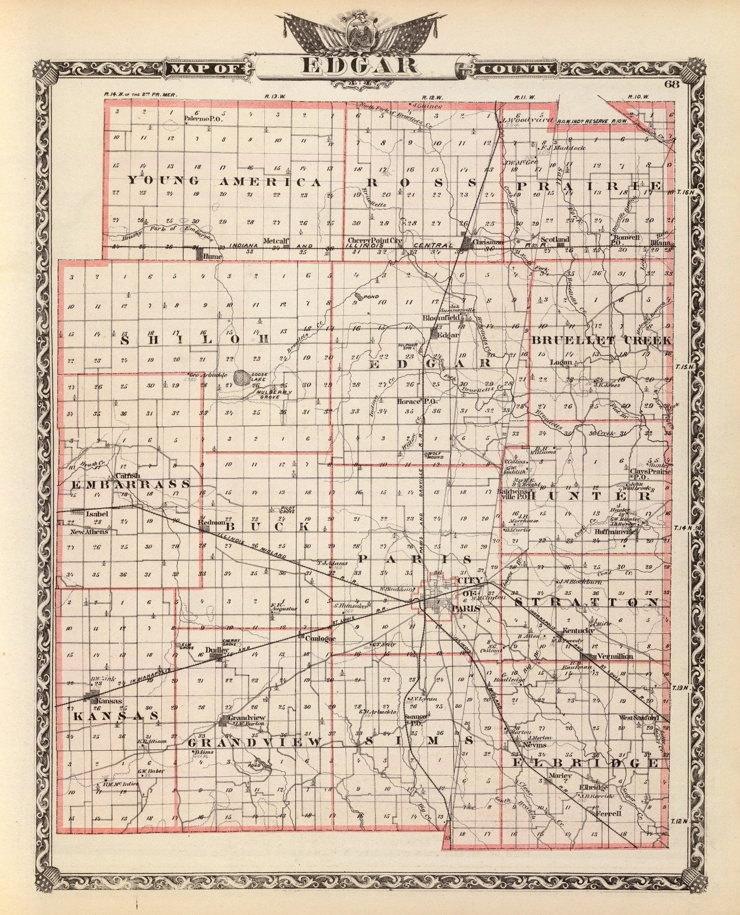 Vintage Map of Edgar County, Illinois, 1876