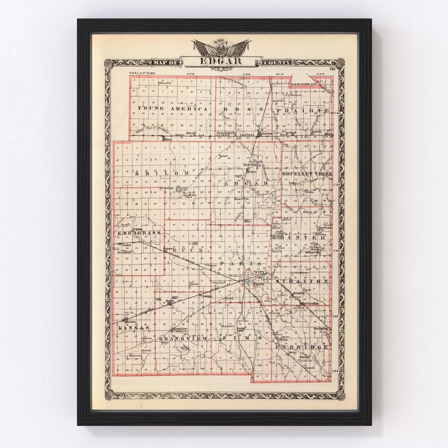 Vintage map of Edgar County, Illinois, 1876
