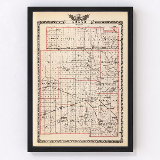 Vintage map of Edgar County, Illinois, 1876