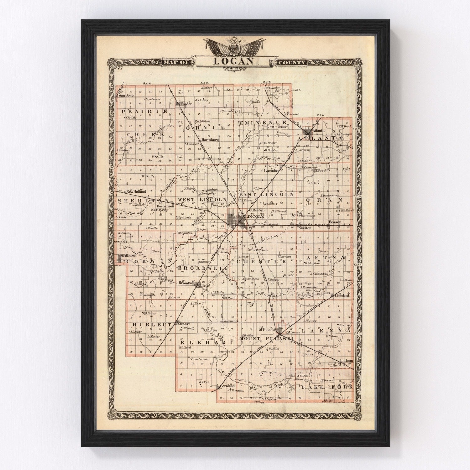 vintage map of Logan County, Illinois, 1876