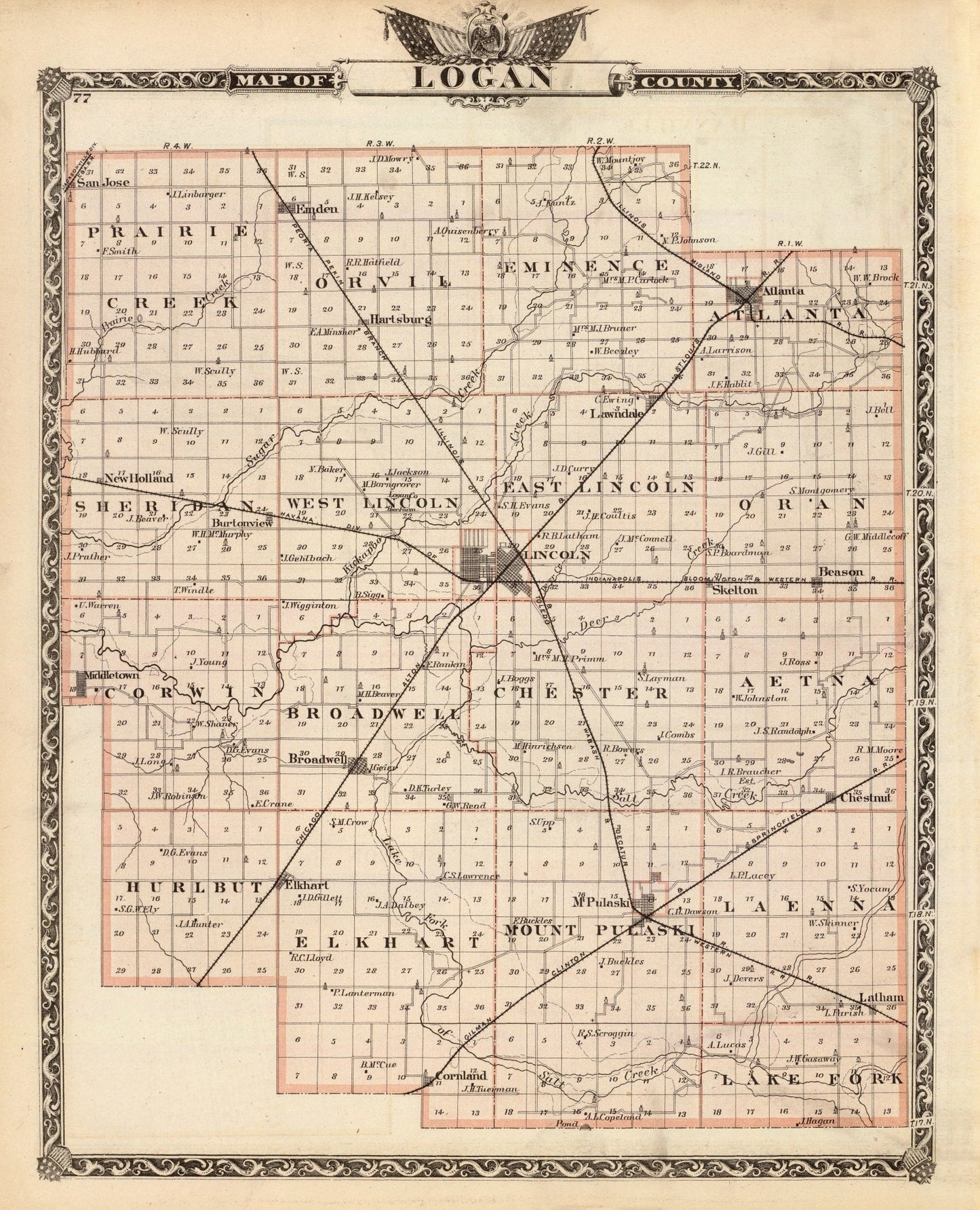 Vintage Map of Logan County, Illinois, 1876