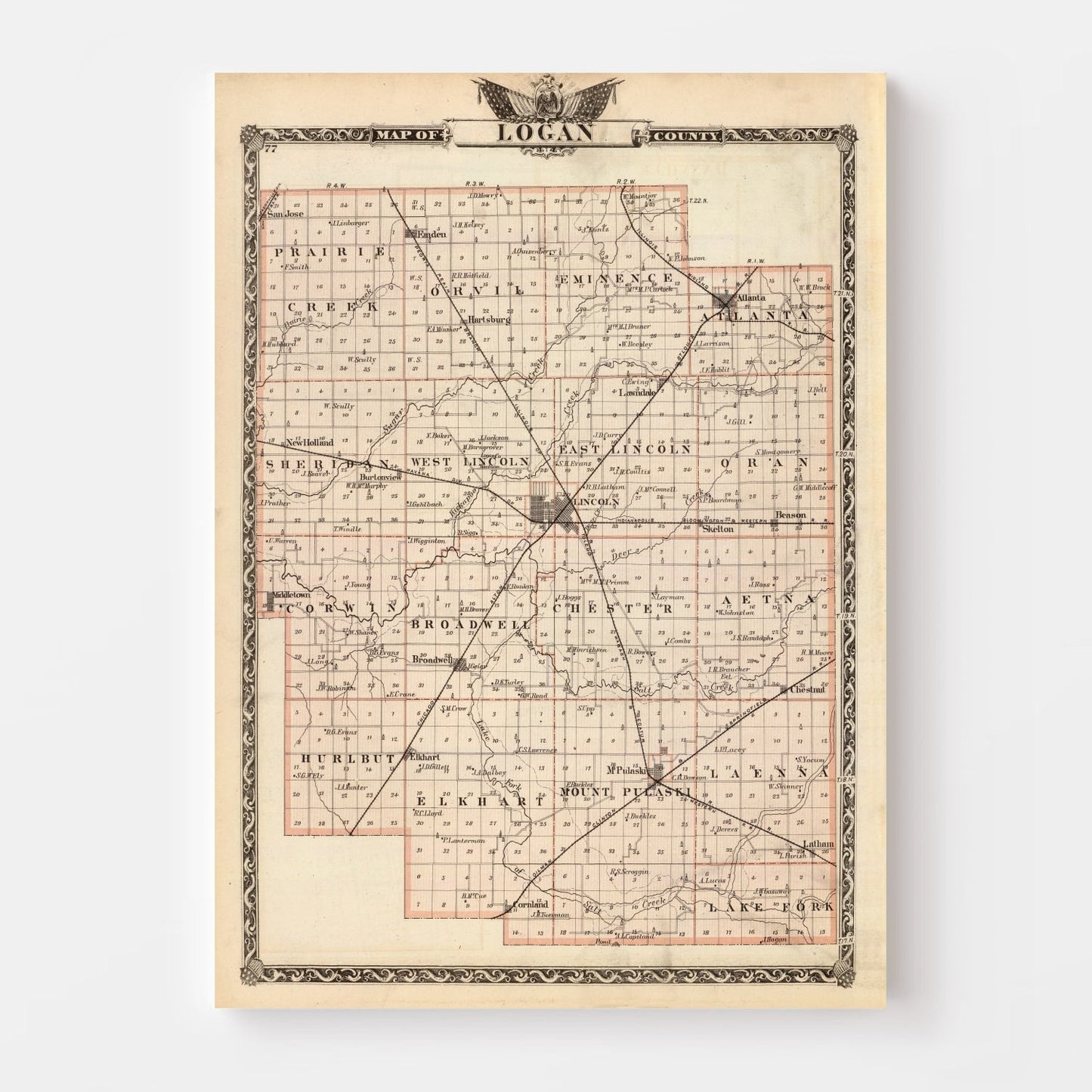 Vintage Map of Logan County, Illinois, 1876