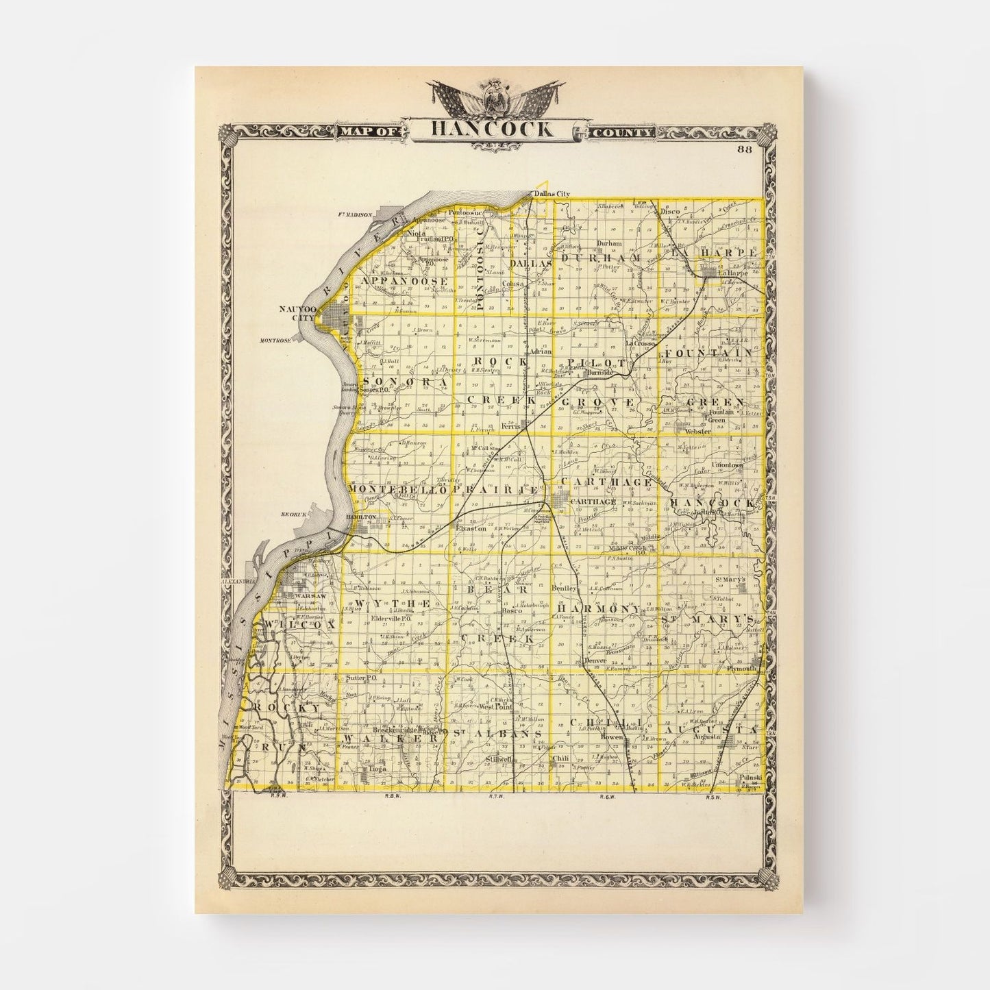 Vintage Map of Hancock County, Illinois, 1876