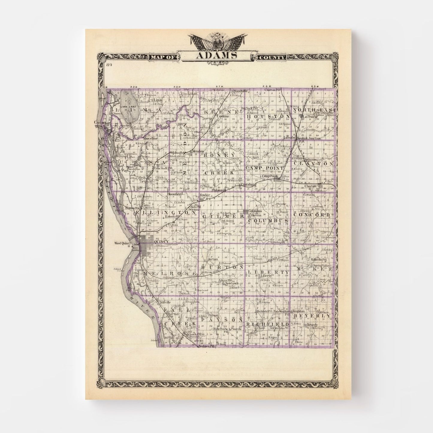 Vintage Map of Adams County, Illinois, 1876