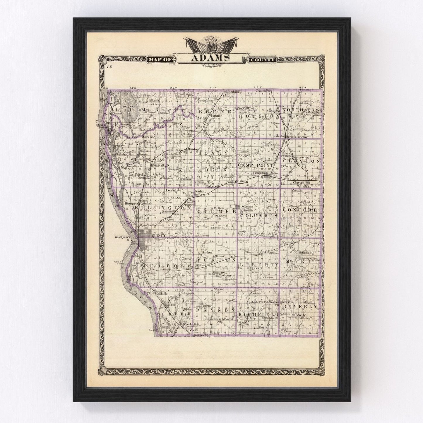 Vintage map of Adams County, Illinois, 1876 - restored county atlas with Quincy area detail
