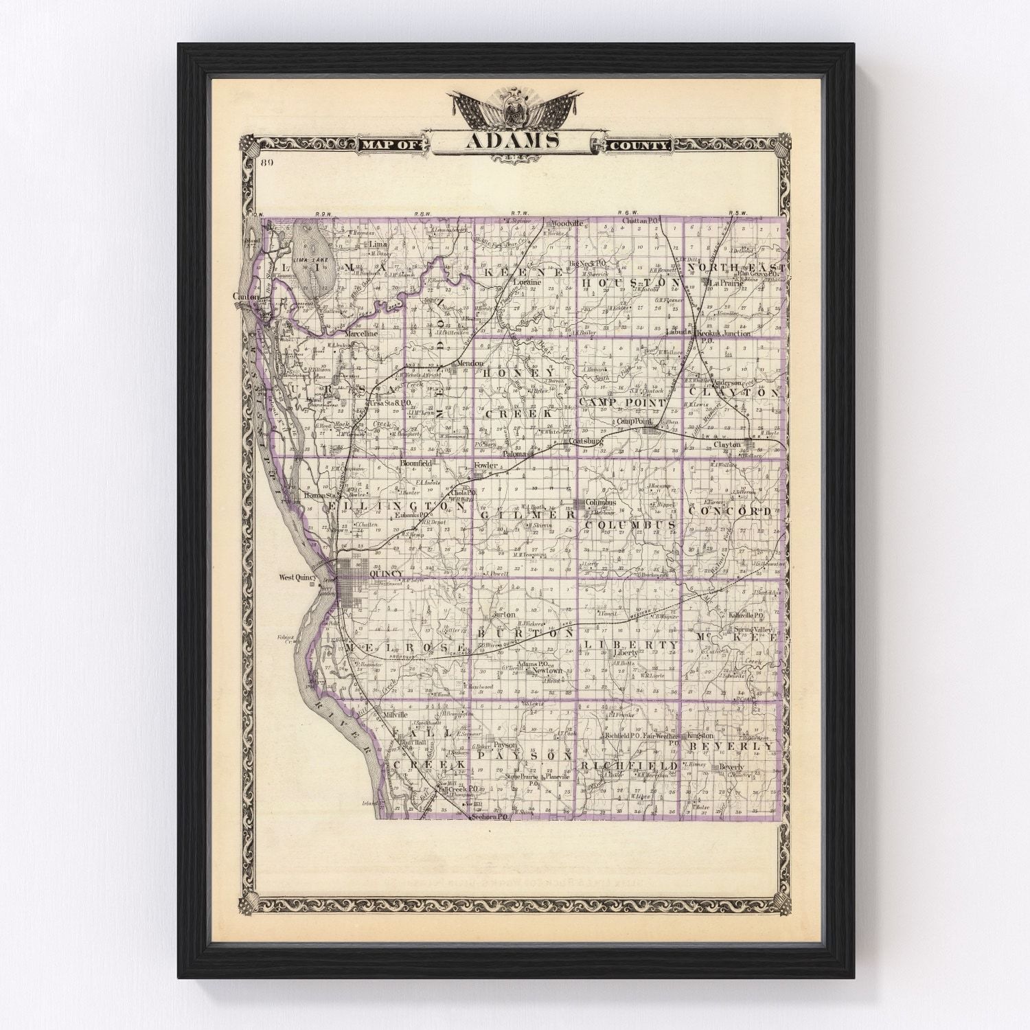 Vintage map of Adams County, Illinois, 1876 - restored county atlas with Quincy area detail