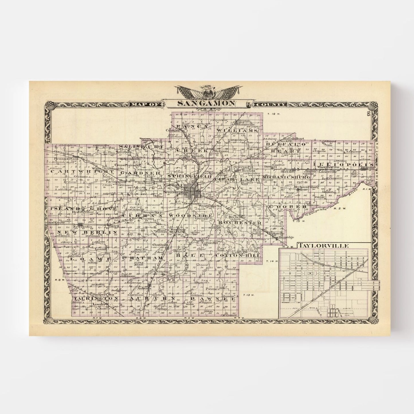 Vintage Map of Sangamon County, Illinois, 1876