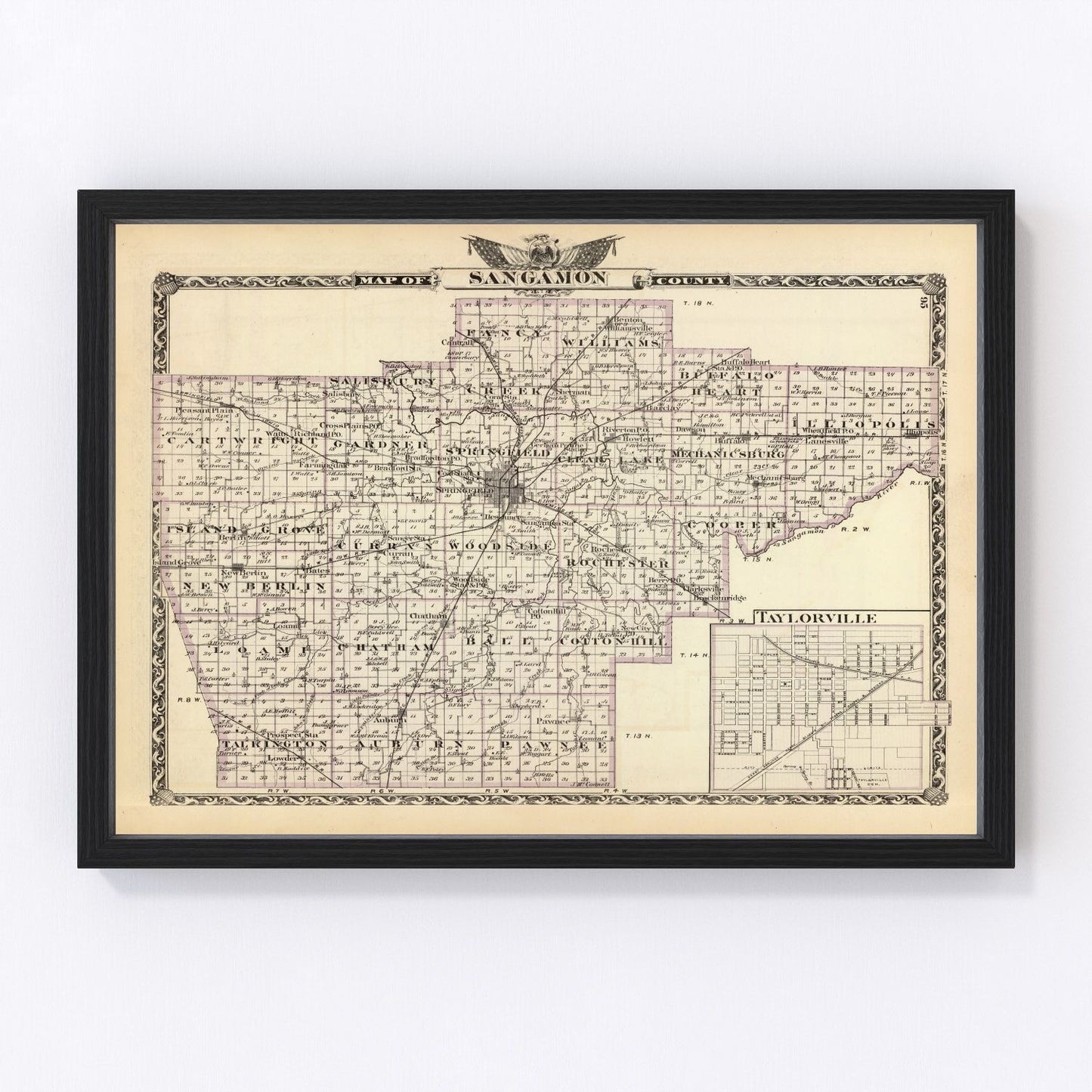 vintage map of Sangamon County, Illinois, 1876