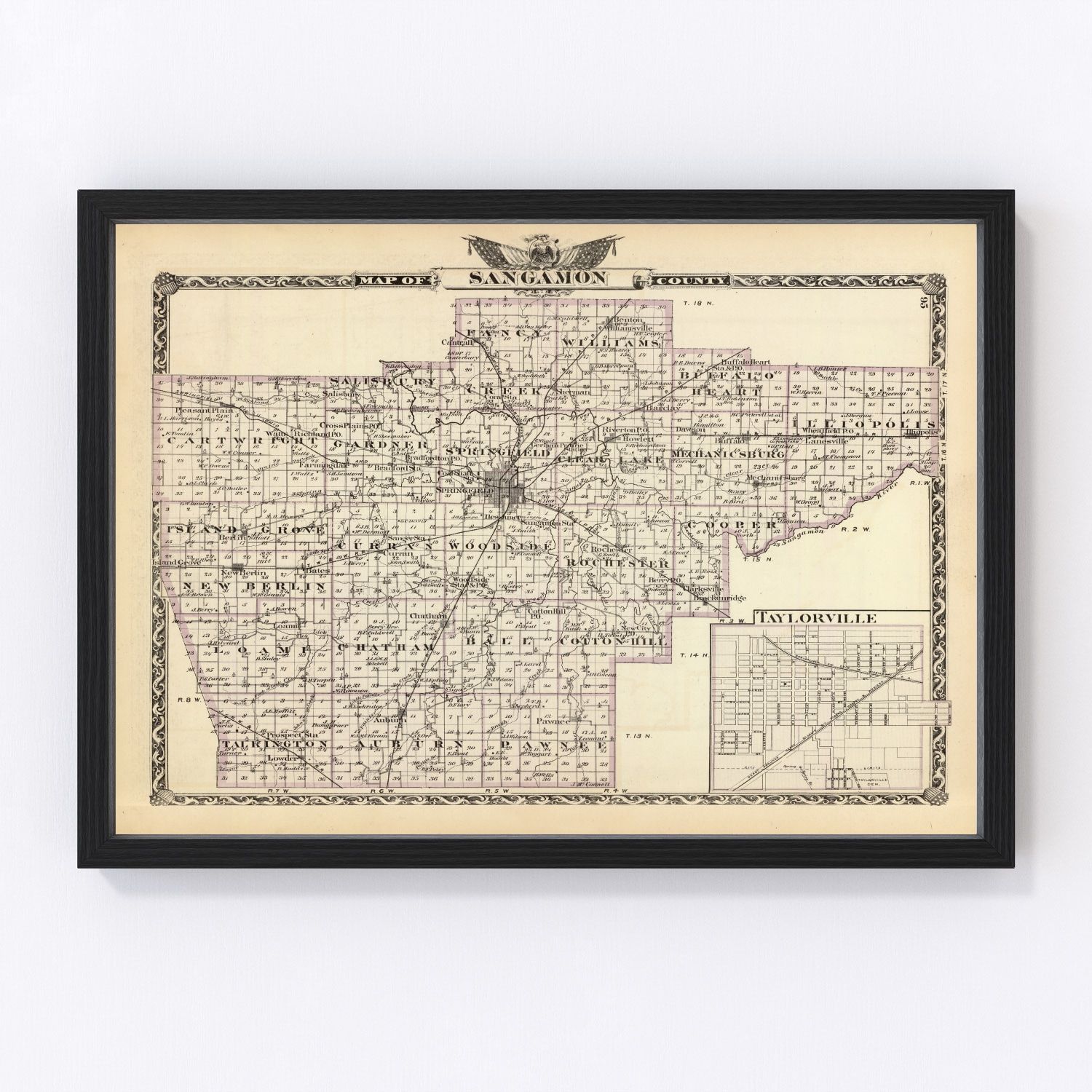 vintage map of Sangamon County, Illinois, 1876