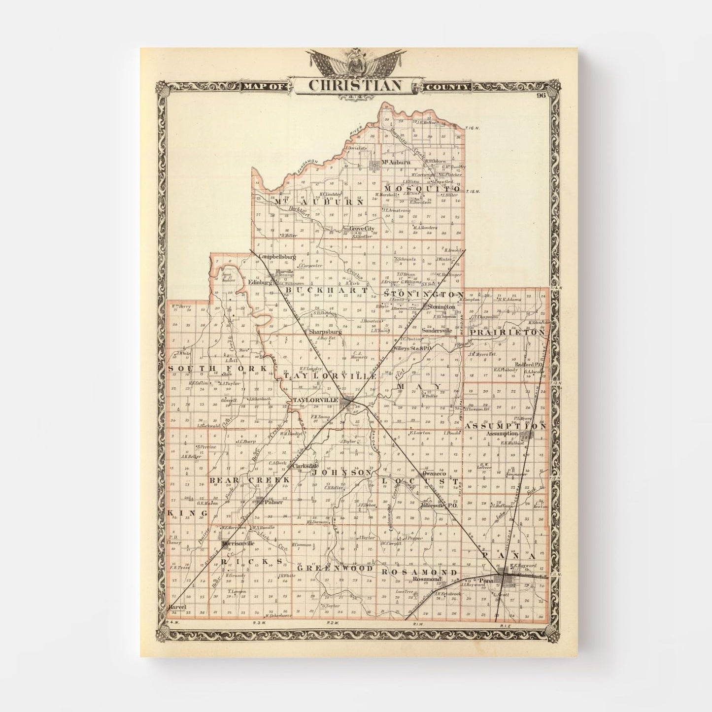 Vintage Map of Christian County, Illinois, 1876