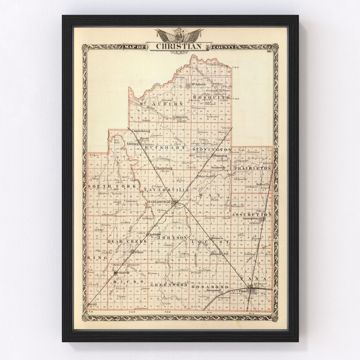 Vintage map of Christian County, Illinois, 1876