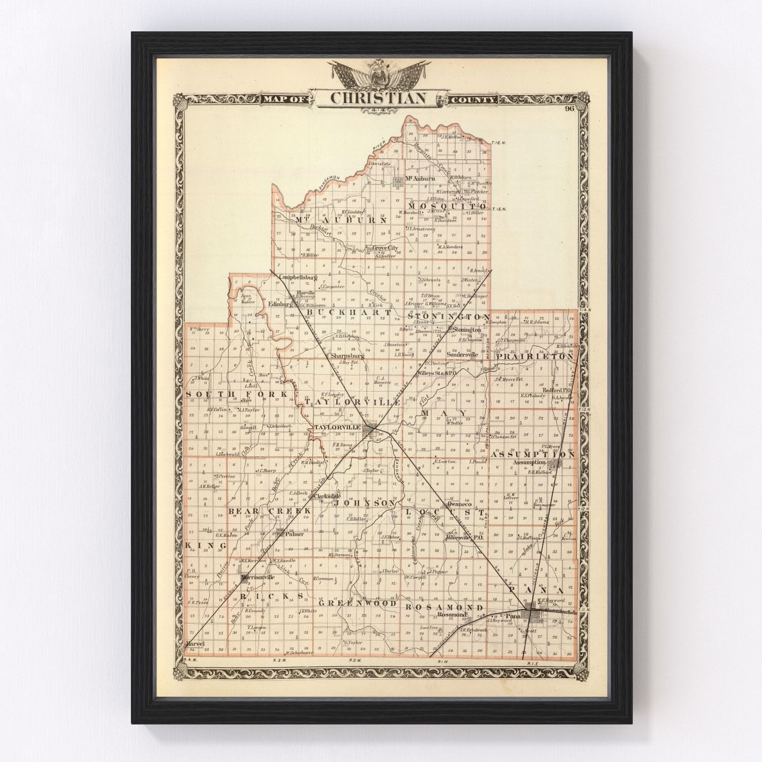 Vintage map of Christian County, Illinois, 1876