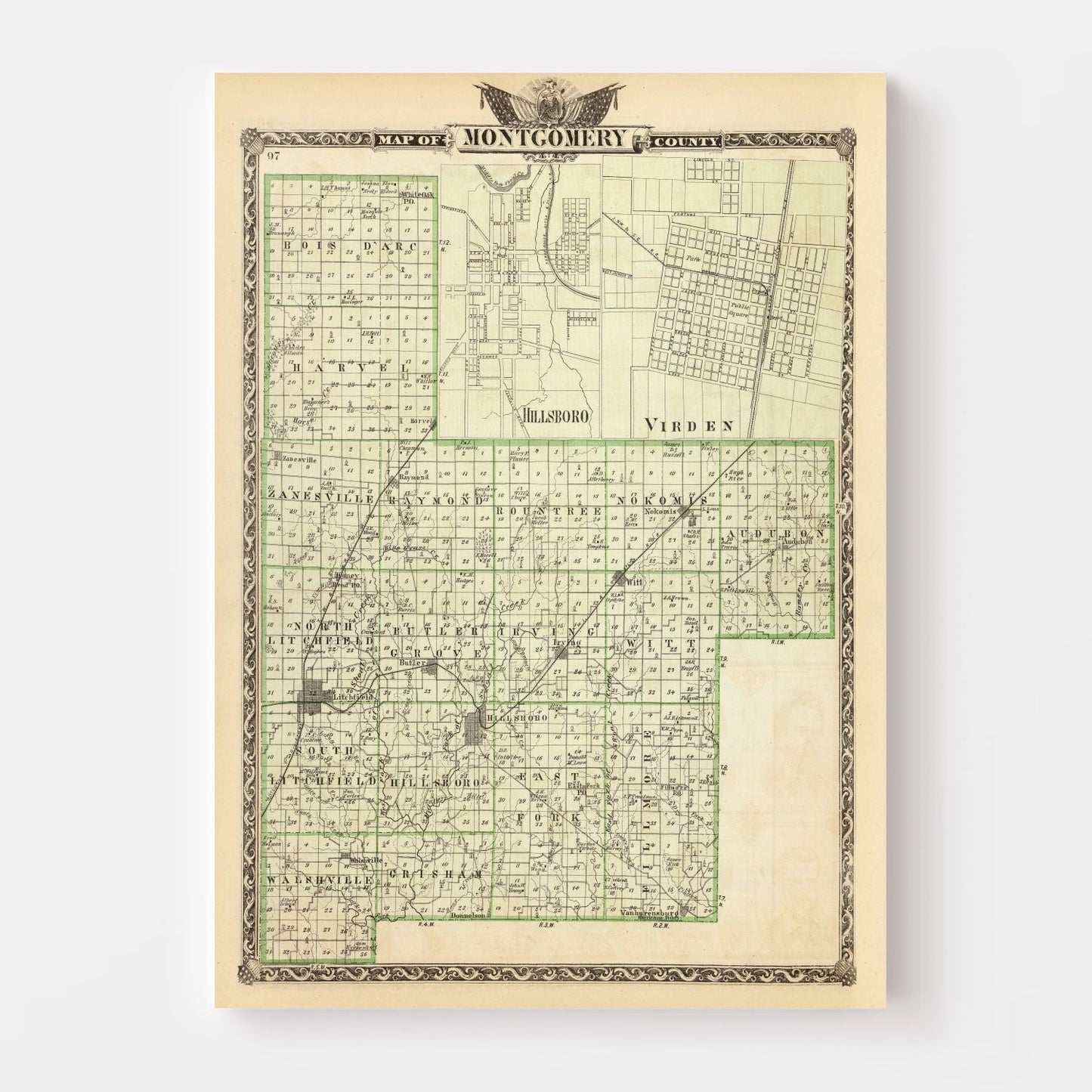 Vintage Map of Montgomery County, Illinois, 1876