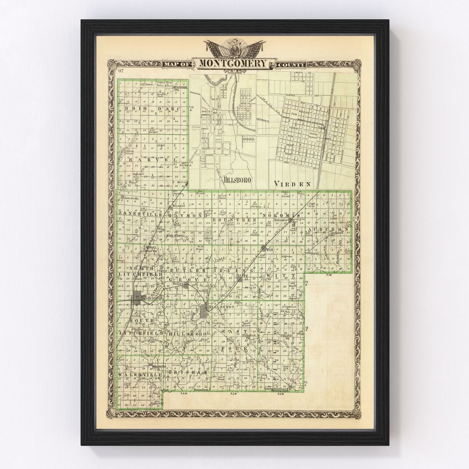 Vintage map of Montgomery County, Illinois, 1876