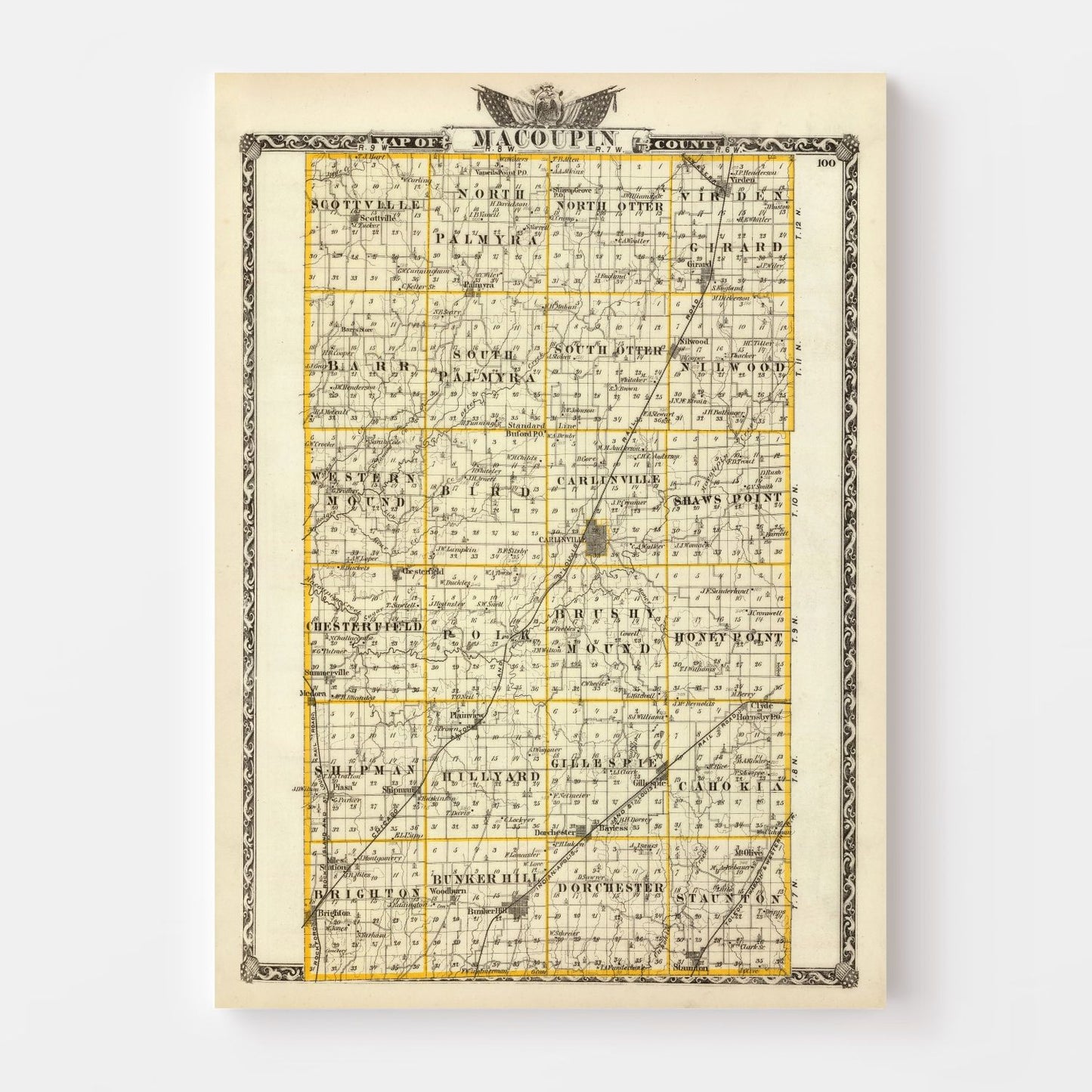 Vintage Map of Macoupin County, Illinois, 1876
