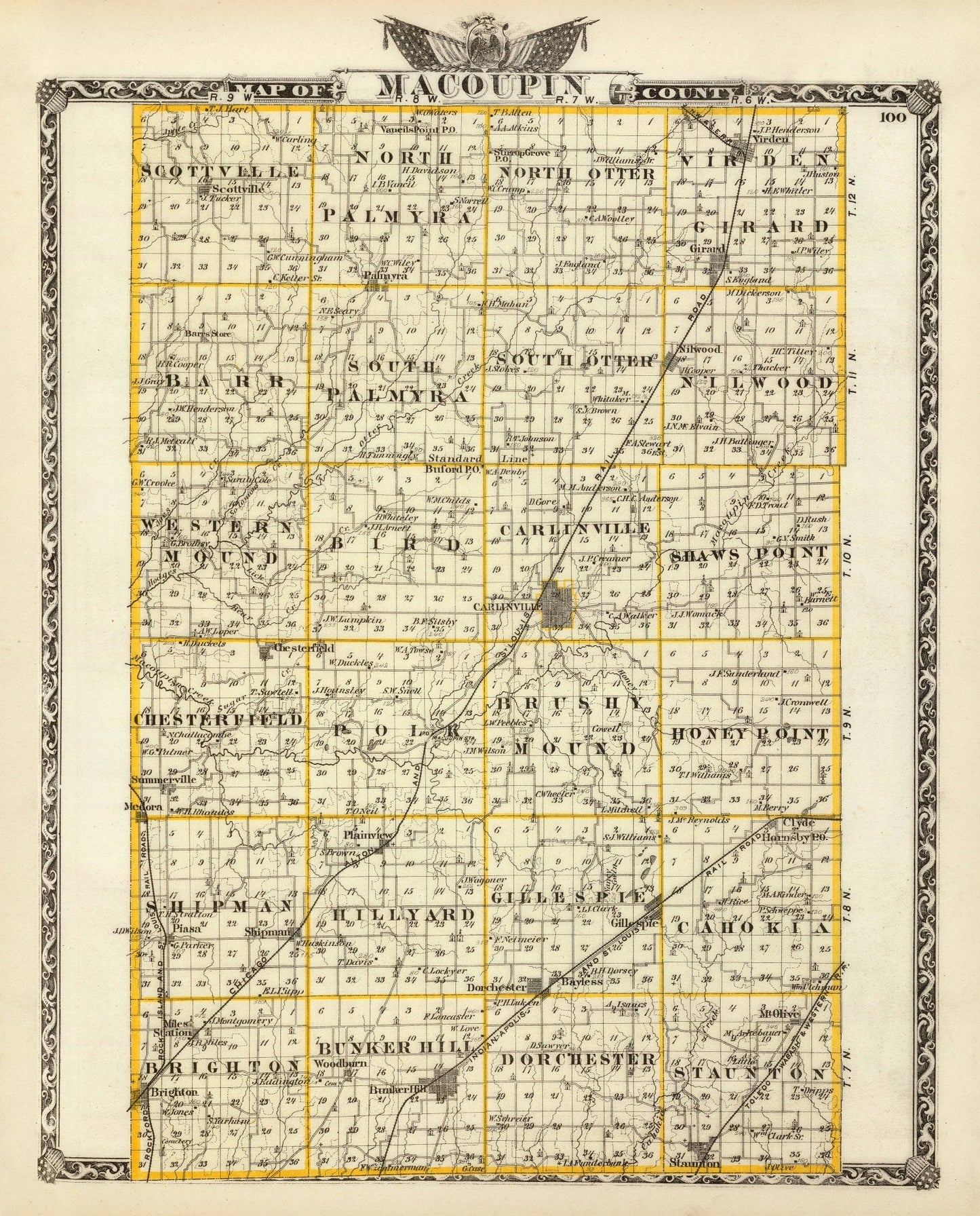 Vintage Map of Macoupin County, Illinois, 1876
