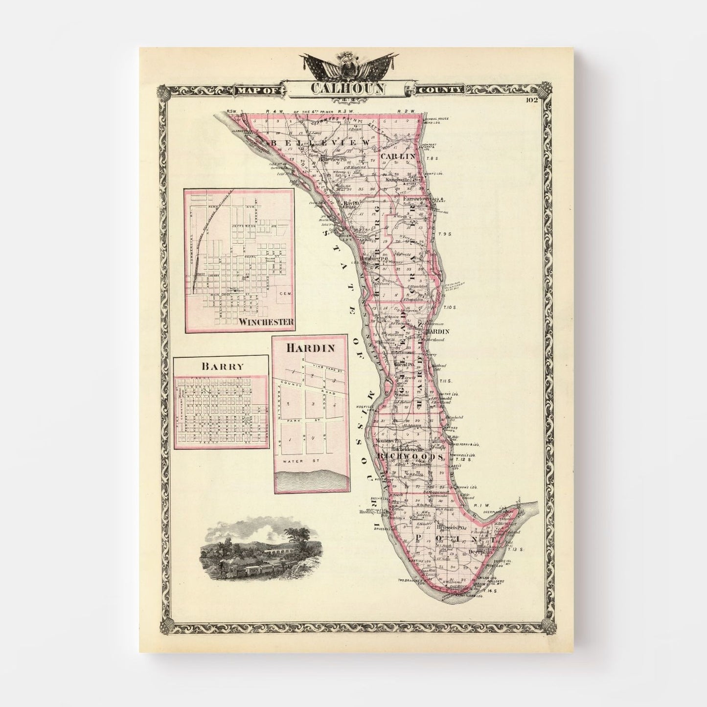 Vintage Map of Calhoun County, Illinois, 1876