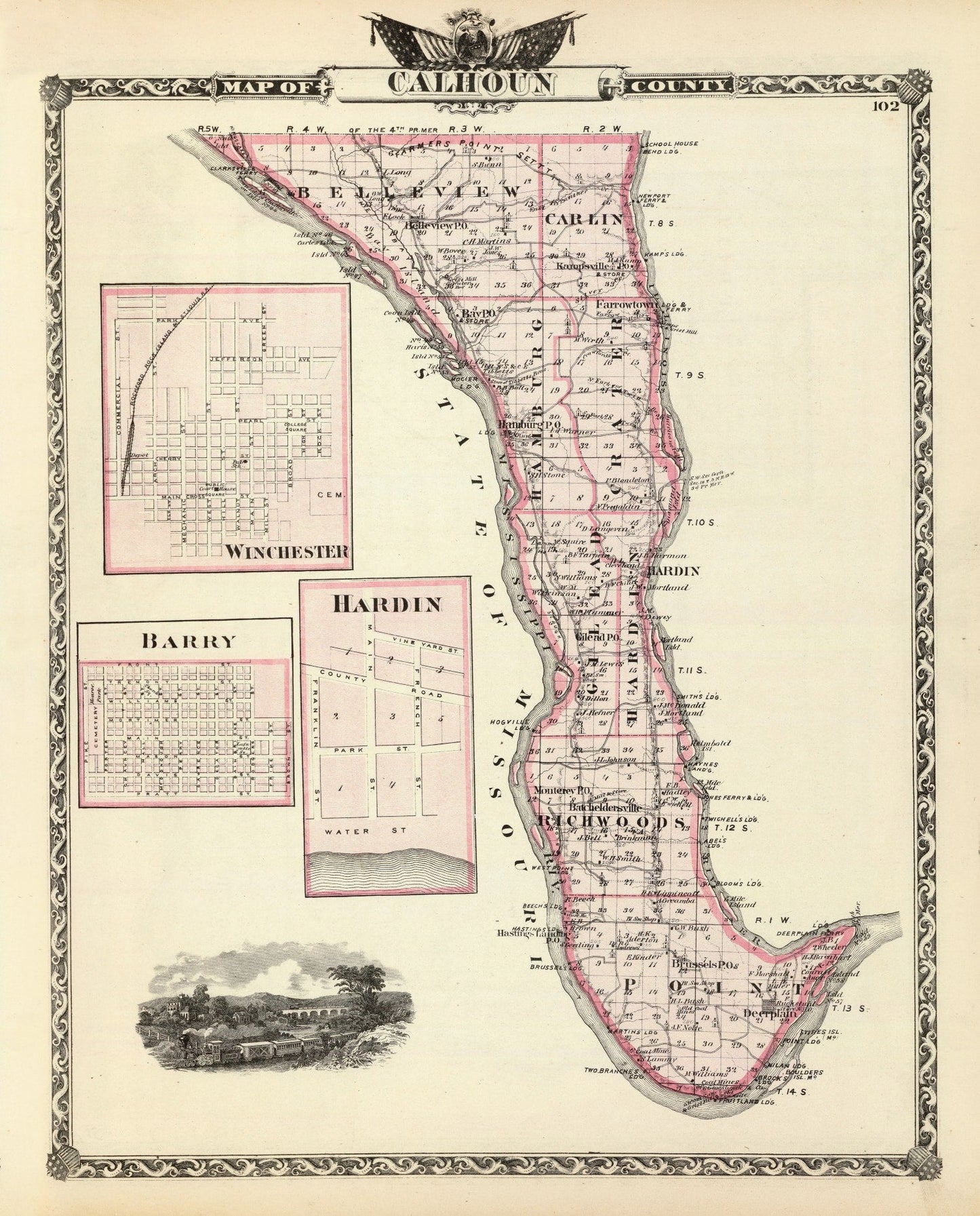 Vintage Map of Calhoun County, Illinois, 1876