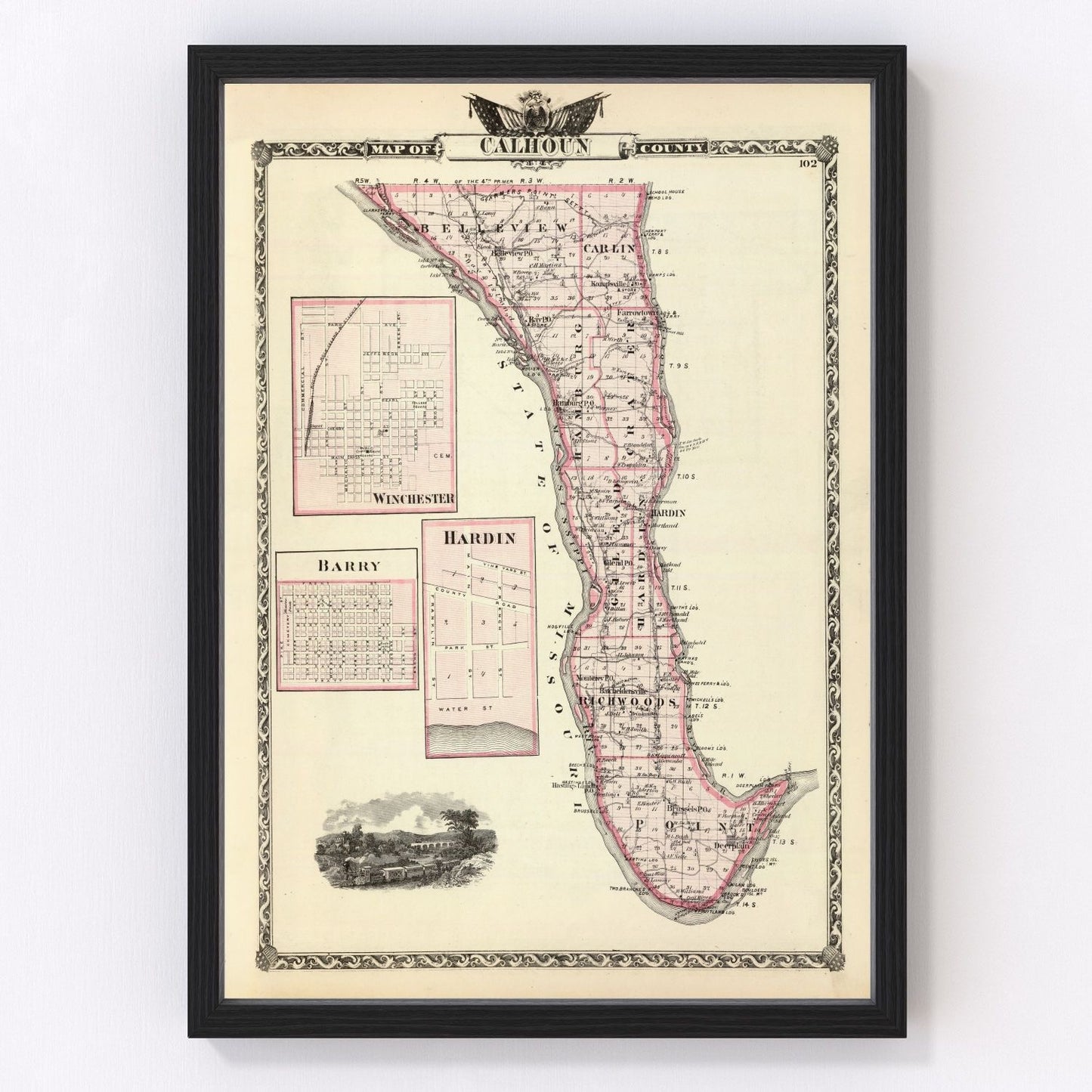 Vintage map of Calhoun County, Illinois, 1876, restored print