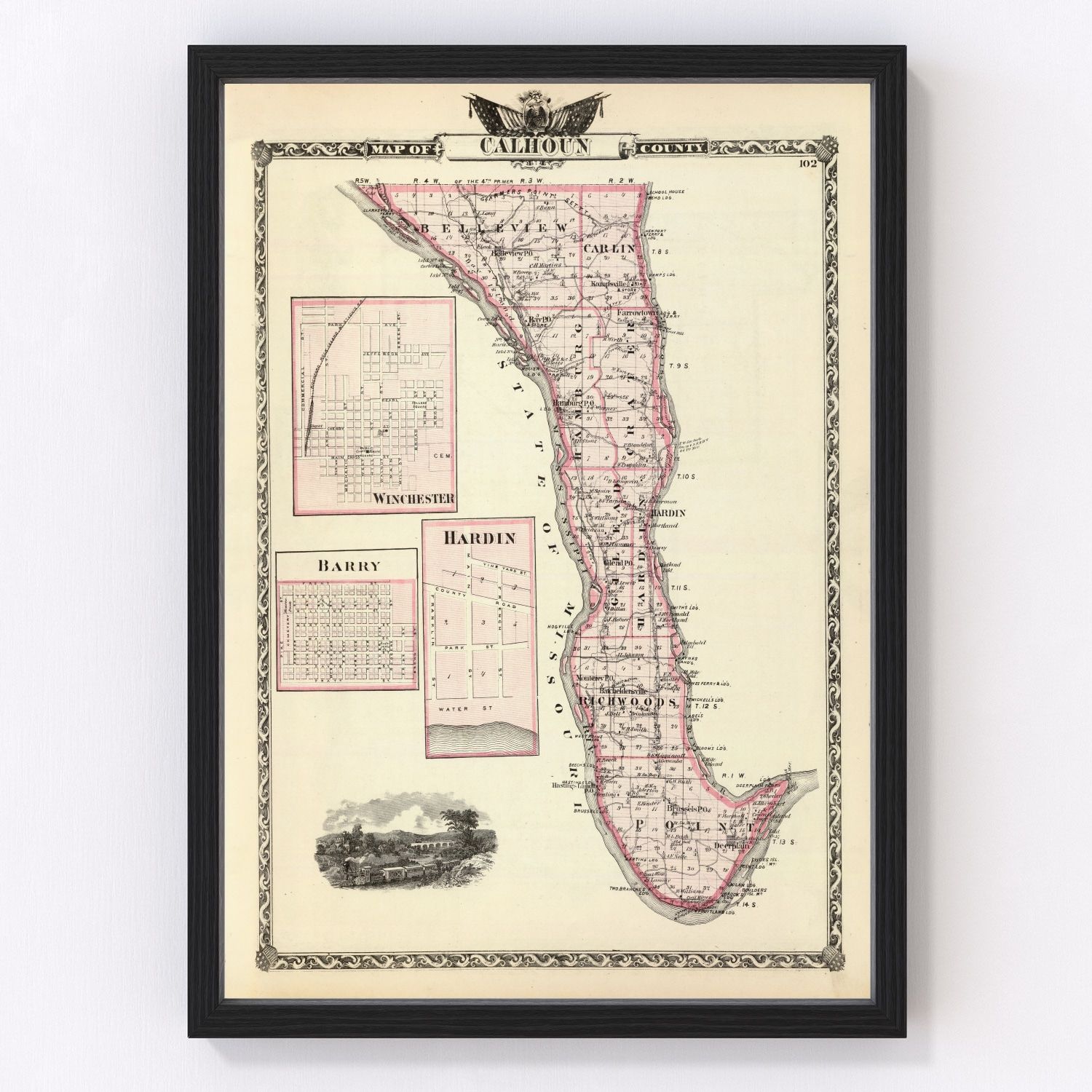 Vintage map of Calhoun County, Illinois, 1876, restored print