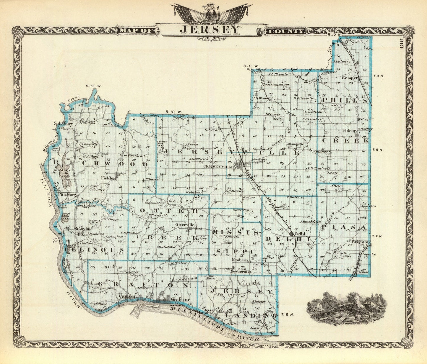 Vintage Map of Jersey County, Illinois, 1876