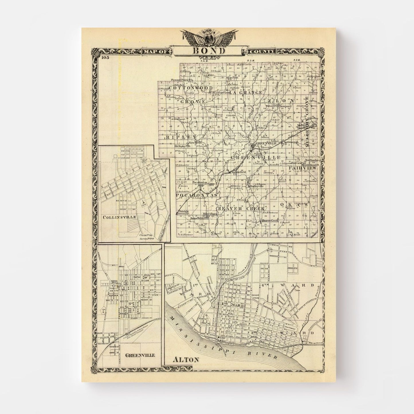 Vintage Map of Bond County, Illinois, 1876
