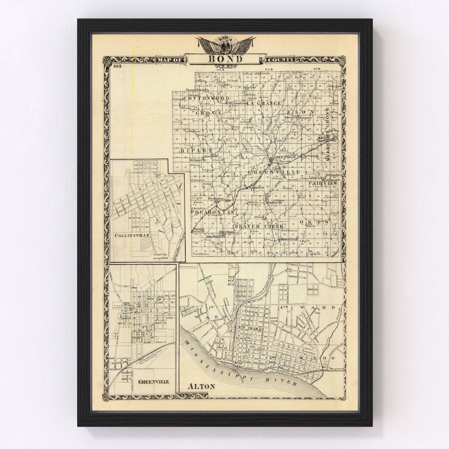 vintage map of Bond County, Illinois, 1876
