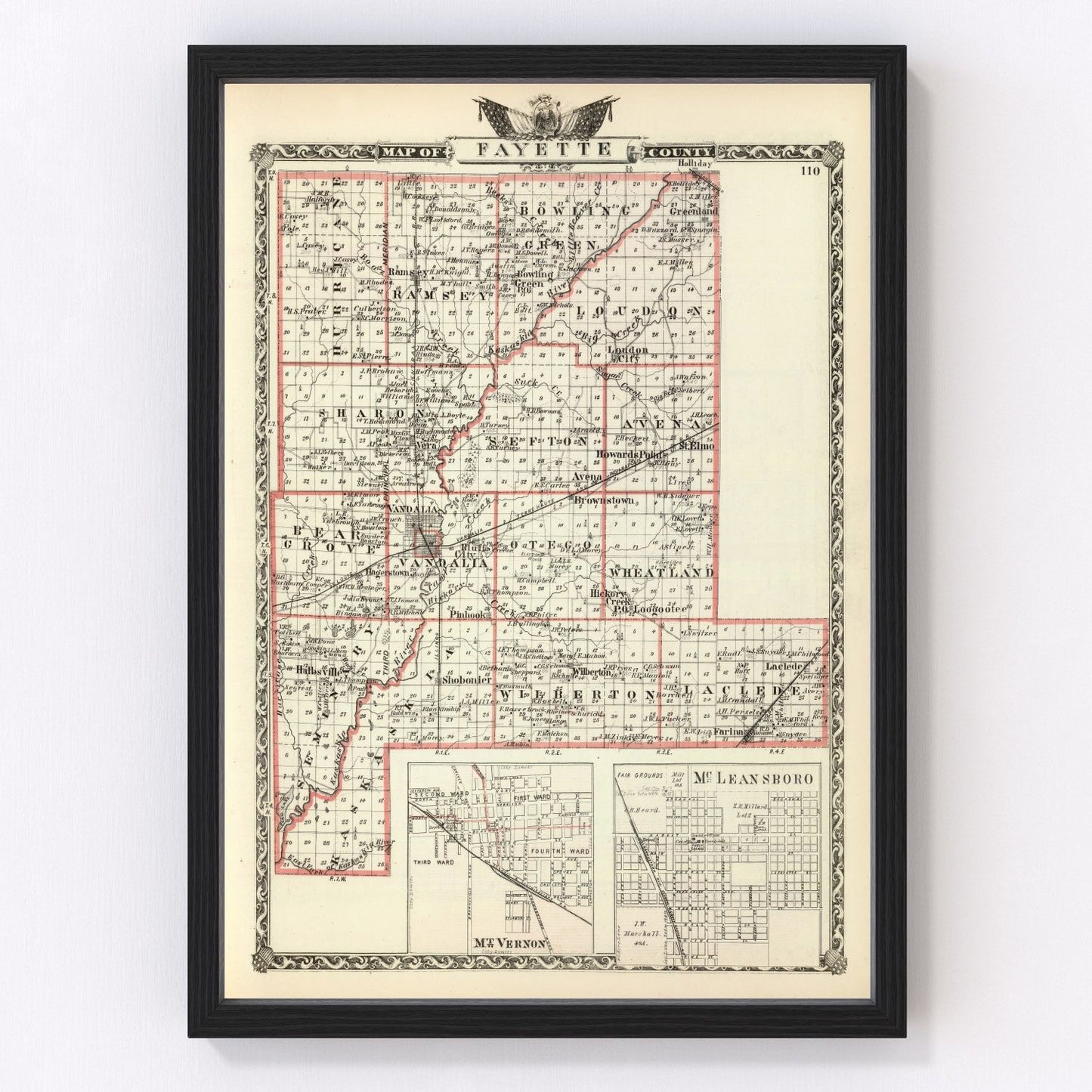 vintage map of Fayette County, Illinois, 1876
