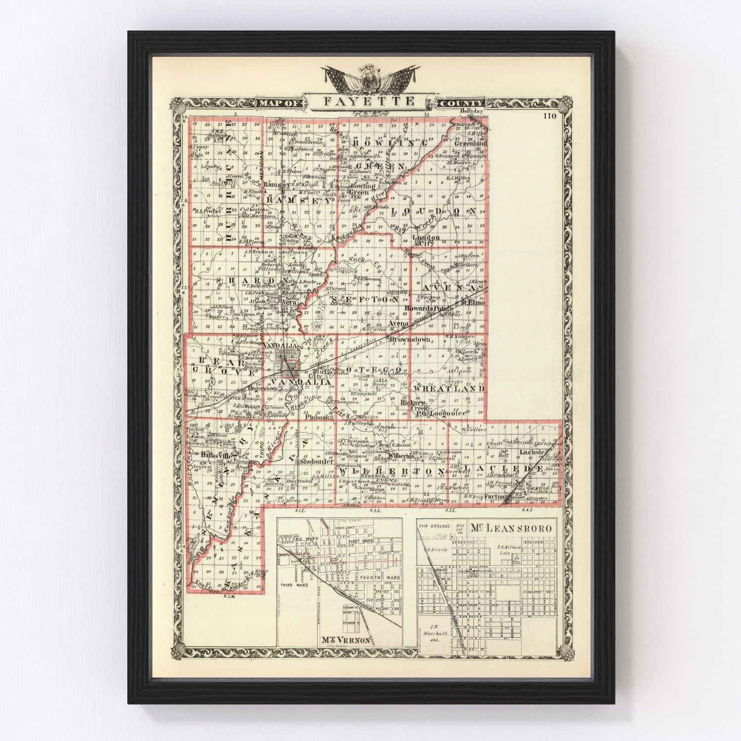 vintage map of Fayette County, Illinois, 1876