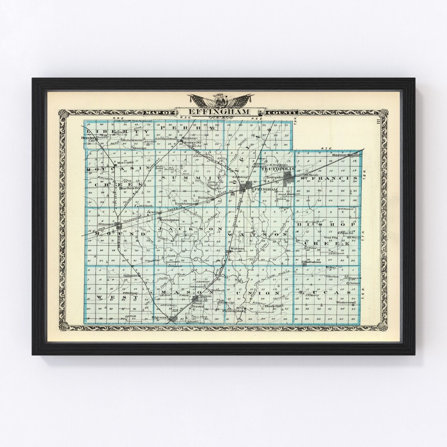 Vintage map of Effingham County, Illinois, 1876