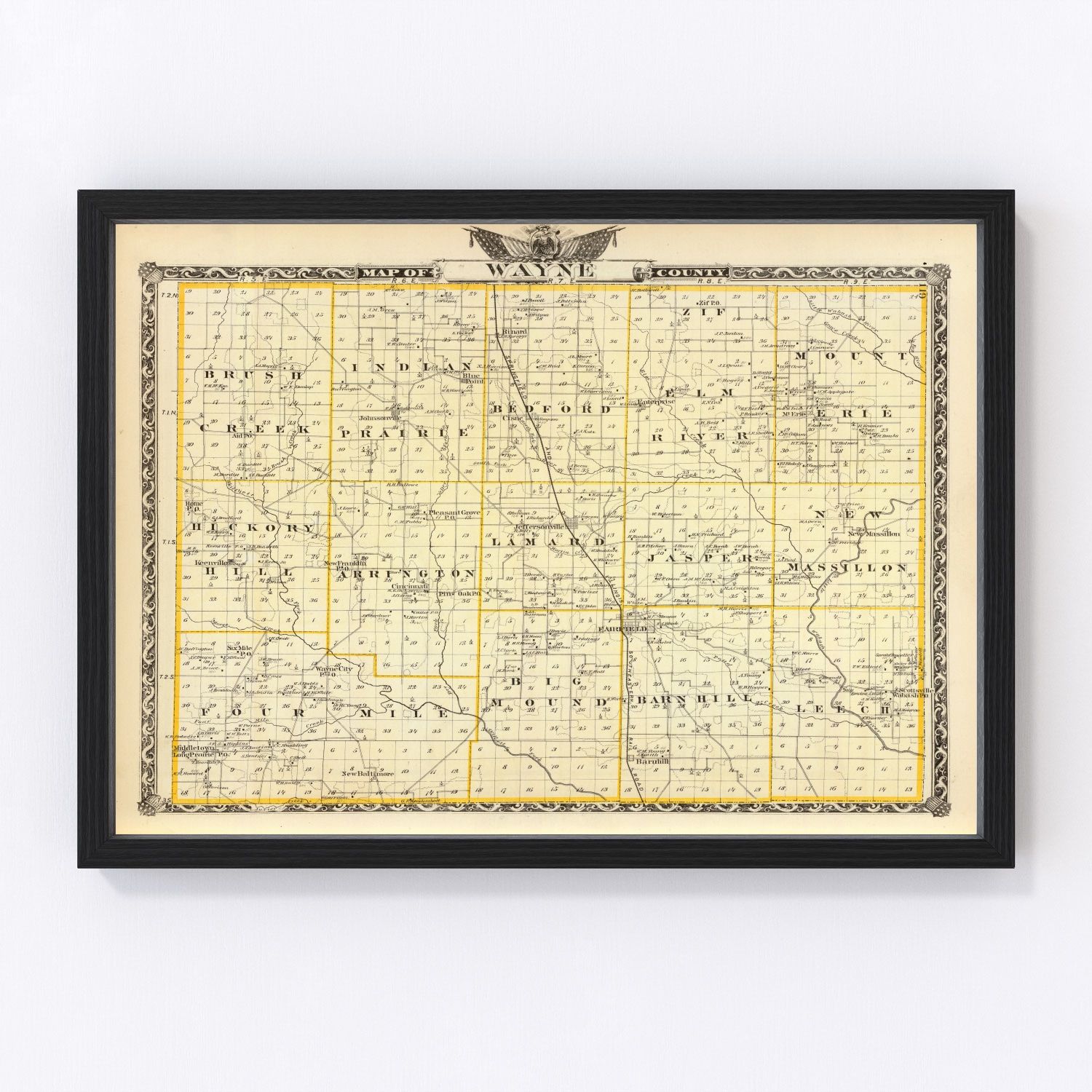 Vintage map of Wayne County, Illinois, 1876, Little Wabash River post-Civil War era