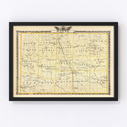 Vintage map of Wayne County, Illinois, 1876, Little Wabash River post-Civil War era
