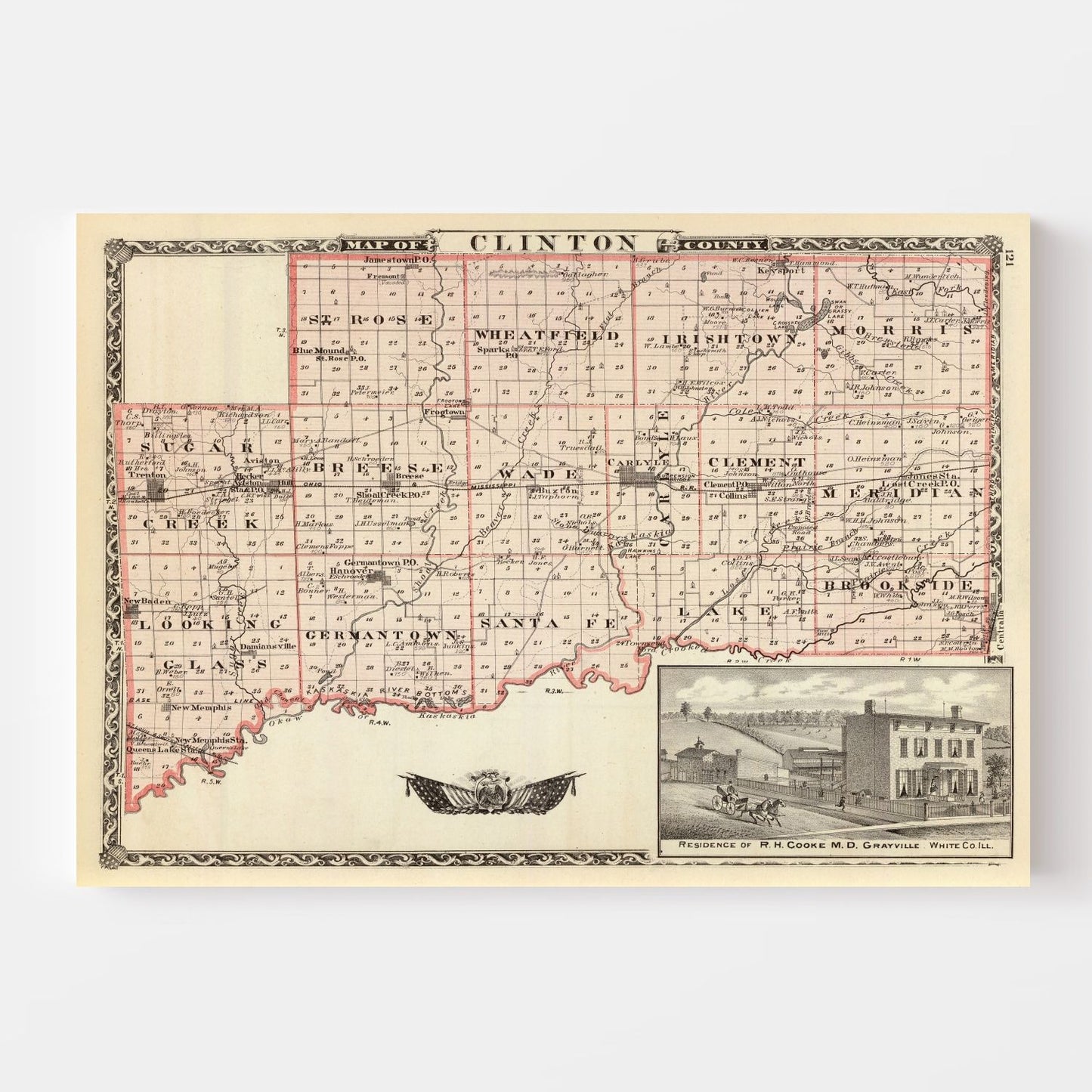 Vintage Map of Clinton County, Illinois, 1876