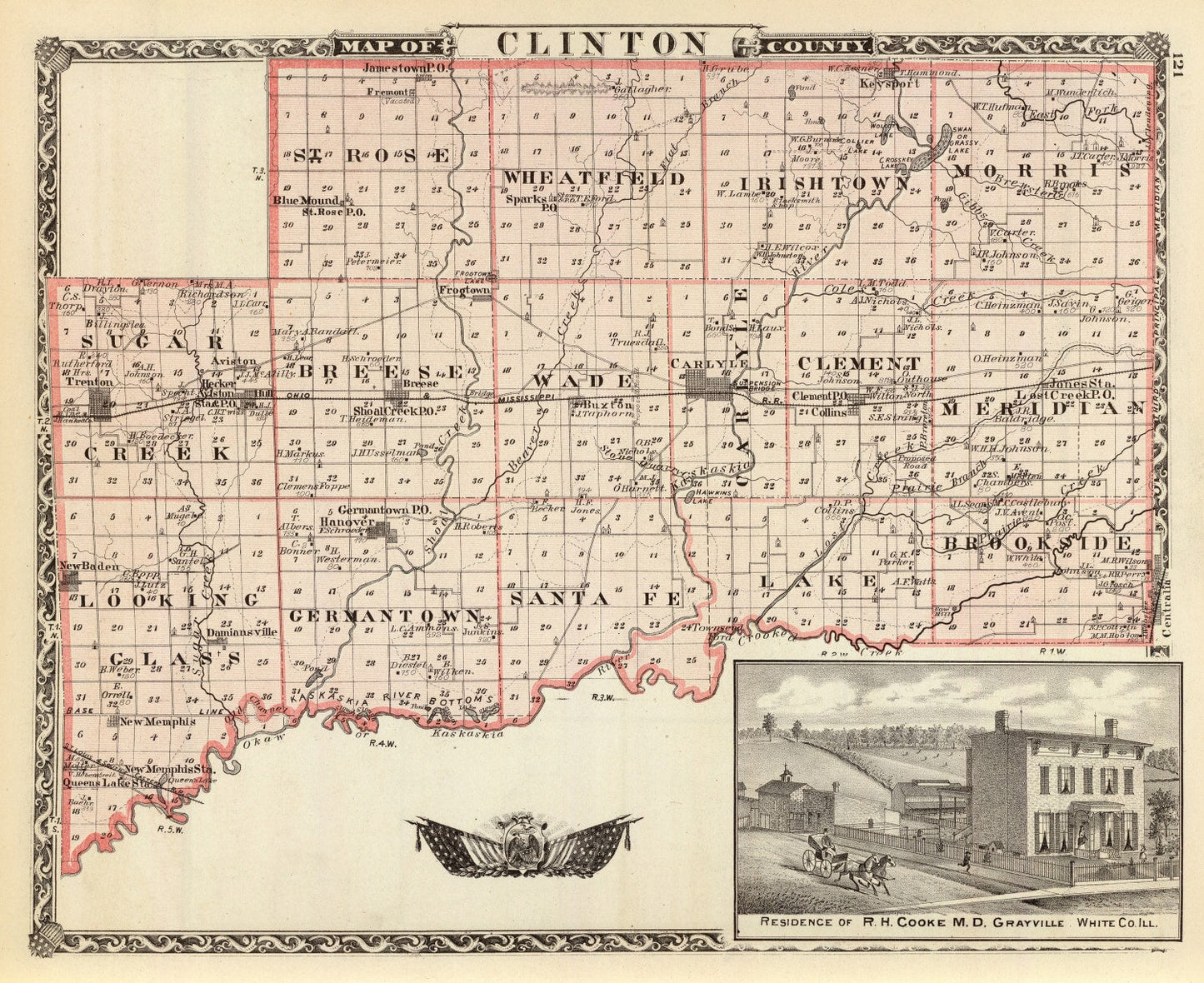 Vintage Map of Clinton County, Illinois, 1876