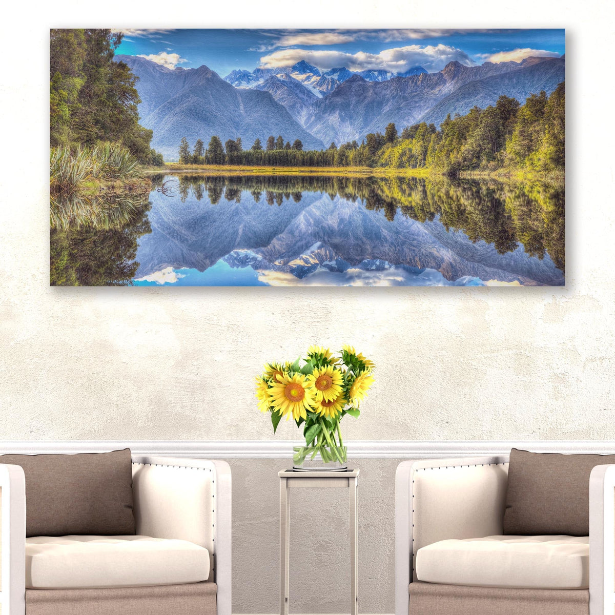 Mirror Lake Mountain Reflection canvas shown in a styled room setting, view 3
