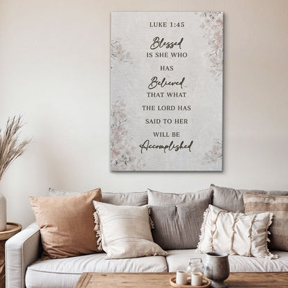 Luke 1:45 Blessed Is She Grey Linen-Look canvas shown in a styled room setting, view 4
