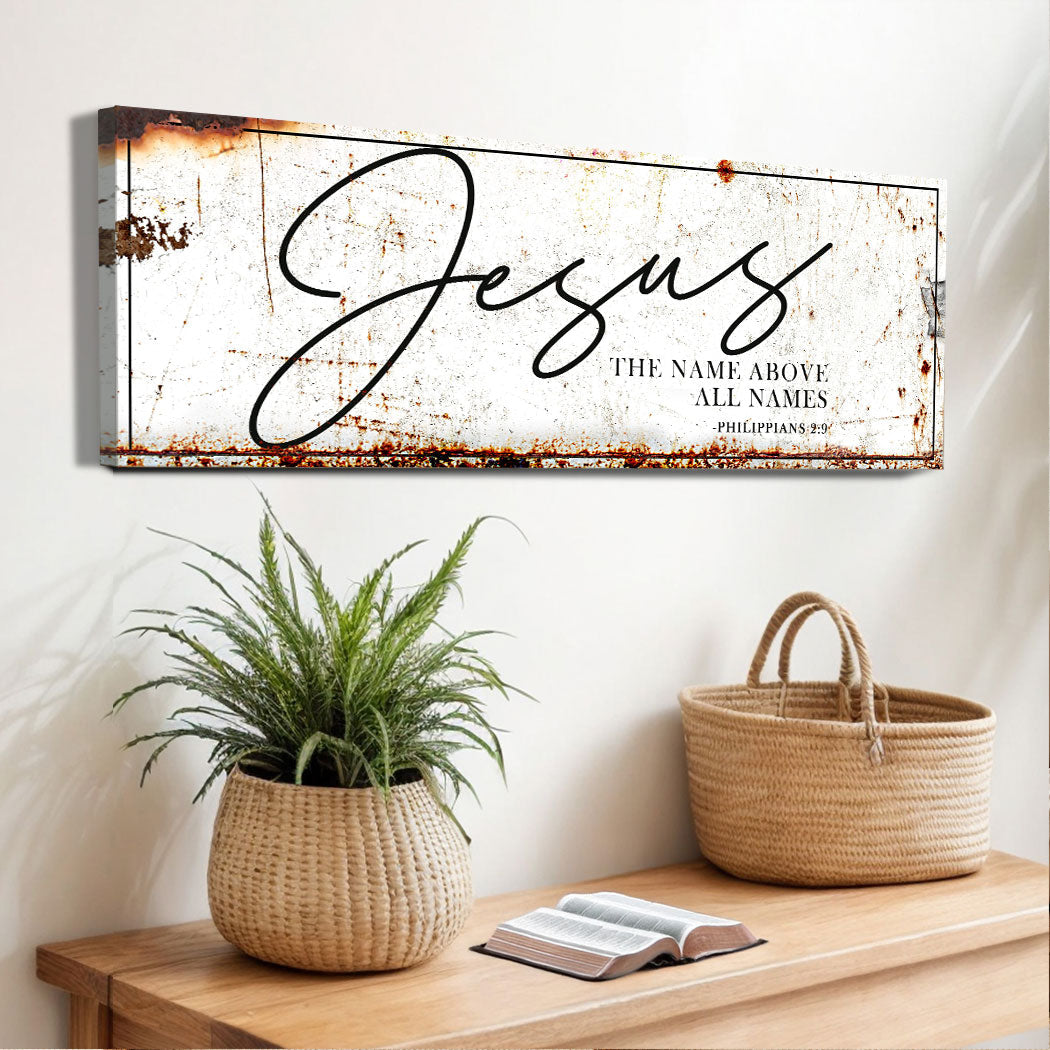 Philippians 2:9 name above all names Christian canvas art tall vertical sign