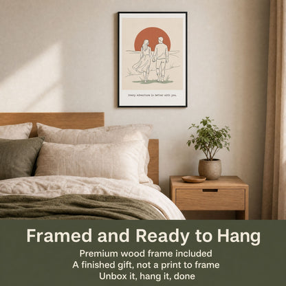 Above bed decor in a linen bedroom, with a note that the print arrives framed and ready to hang.