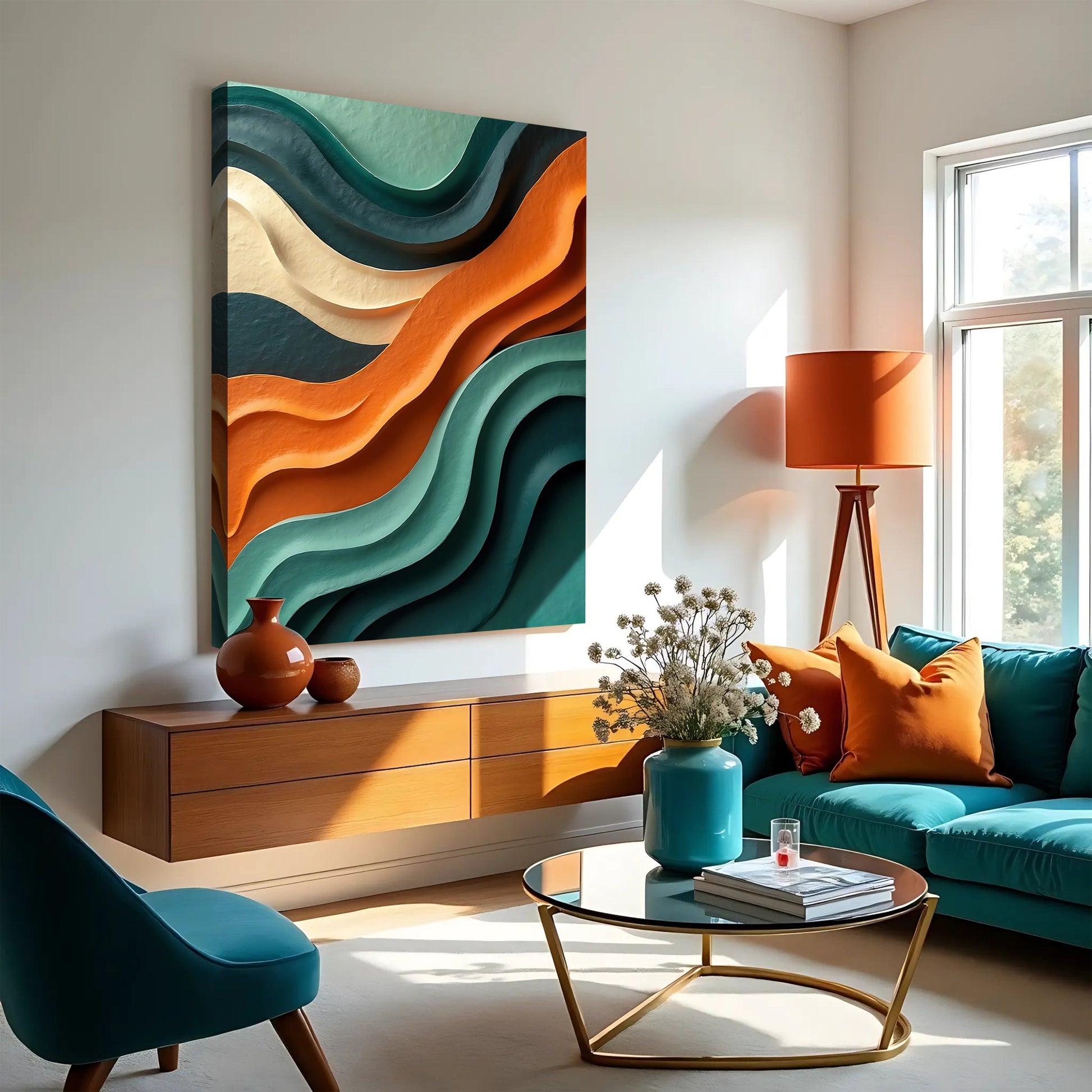 Wave abstract canvas wall art with bold ocean wave forms in deep blue tones, gallery wrapped