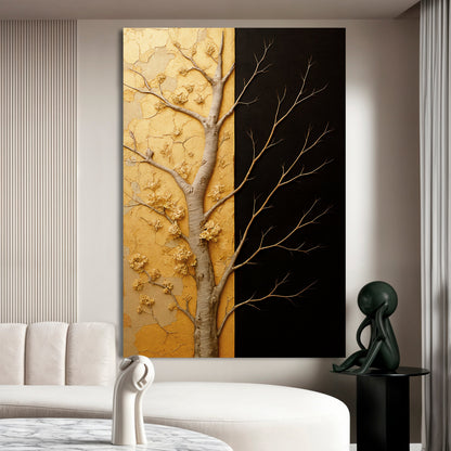 Gold Tree Beside a Black Panel canvas shown in a styled room setting, view 3