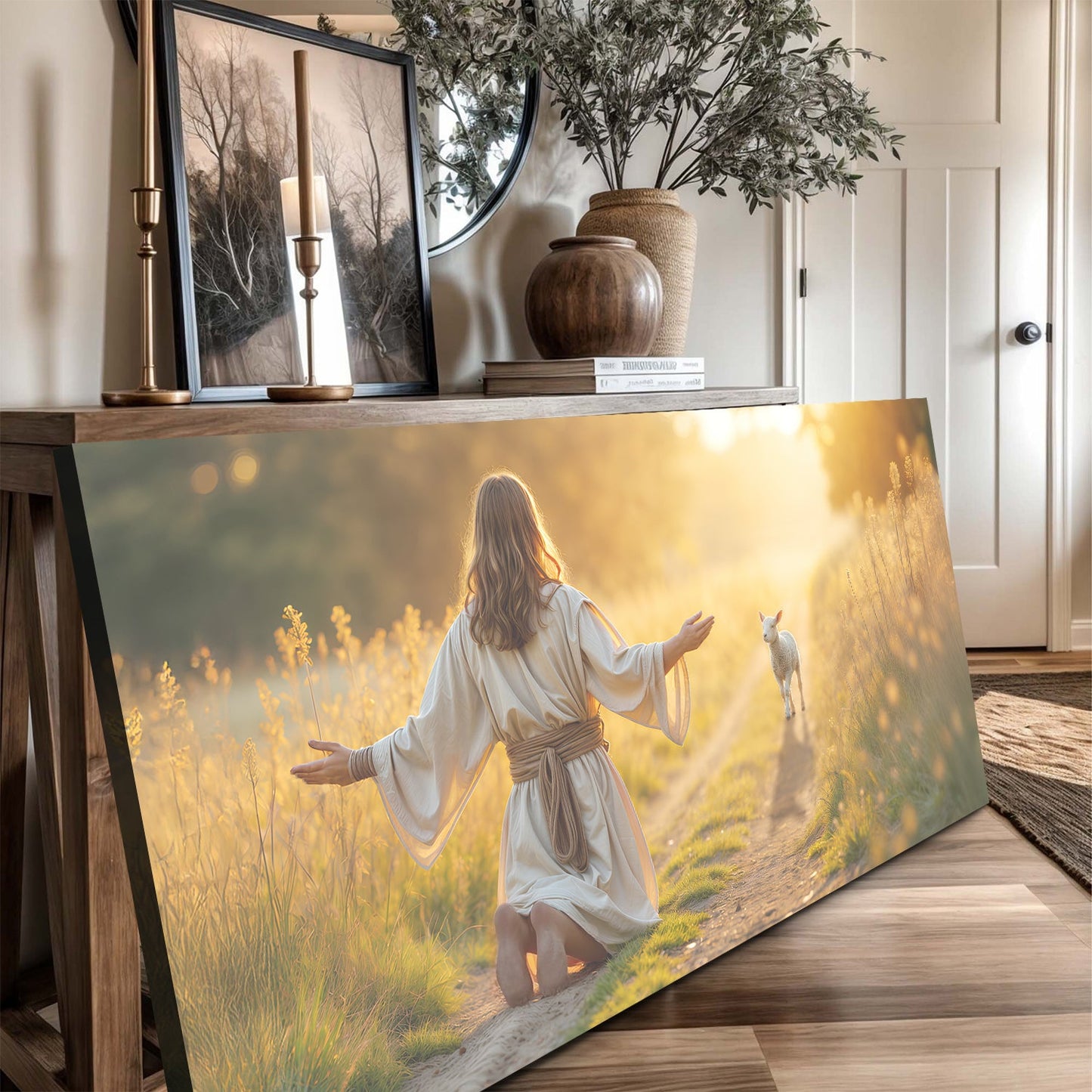 Jesus and the Lamb Wolf Protection Christian Canvas Art
