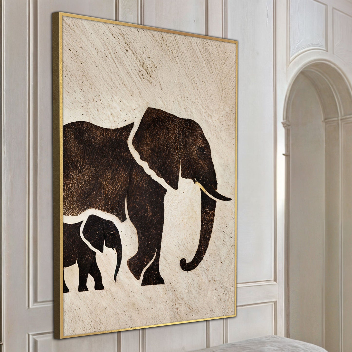 Elephant heritage canvas wall art with rich warm earthy tones