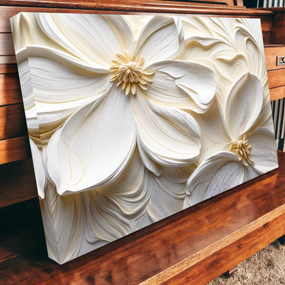 Angled close-up of the large white flowers canvas resting on a dark wooden surface