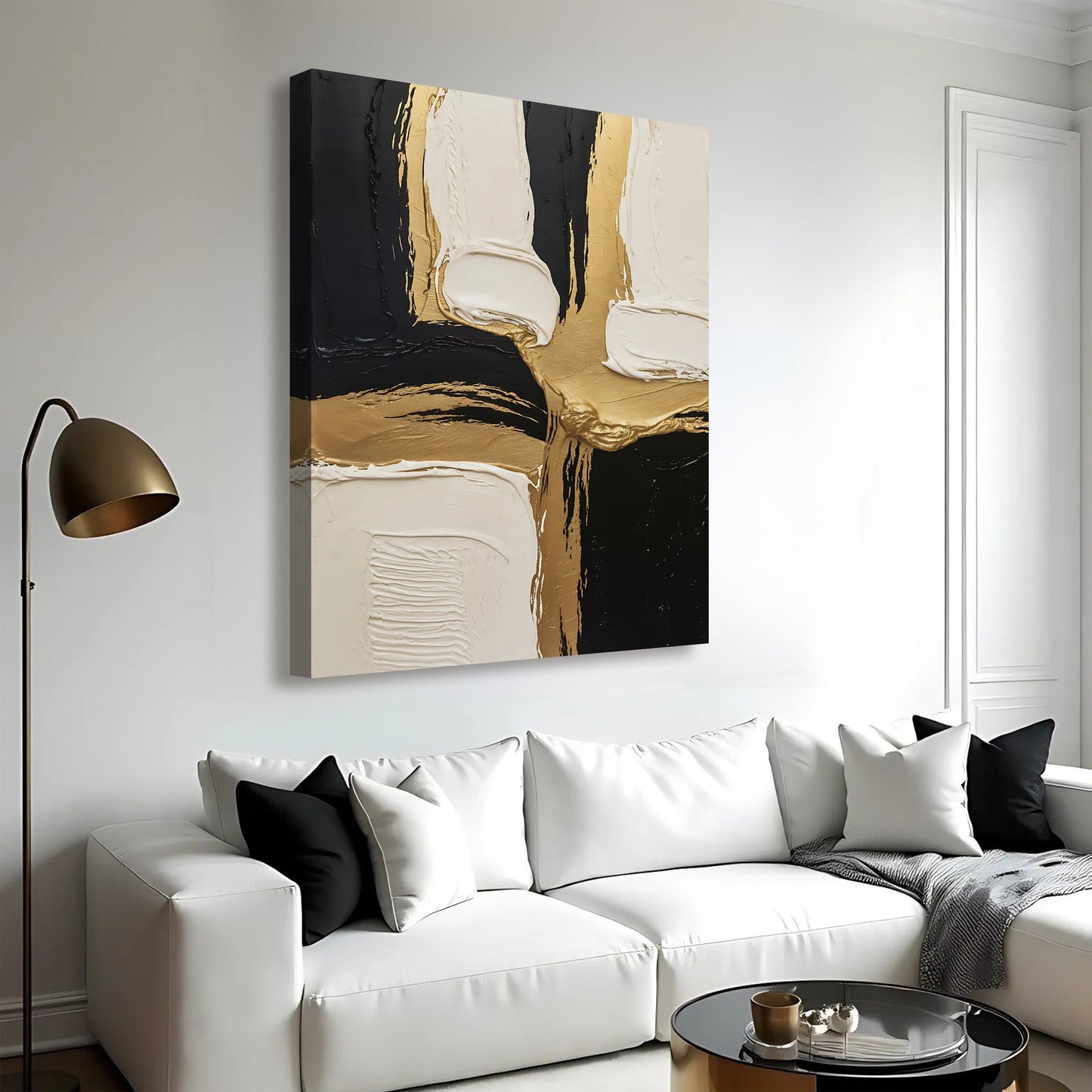 Black white and gold abstract canvas wall art with luxurious modern geometric composition