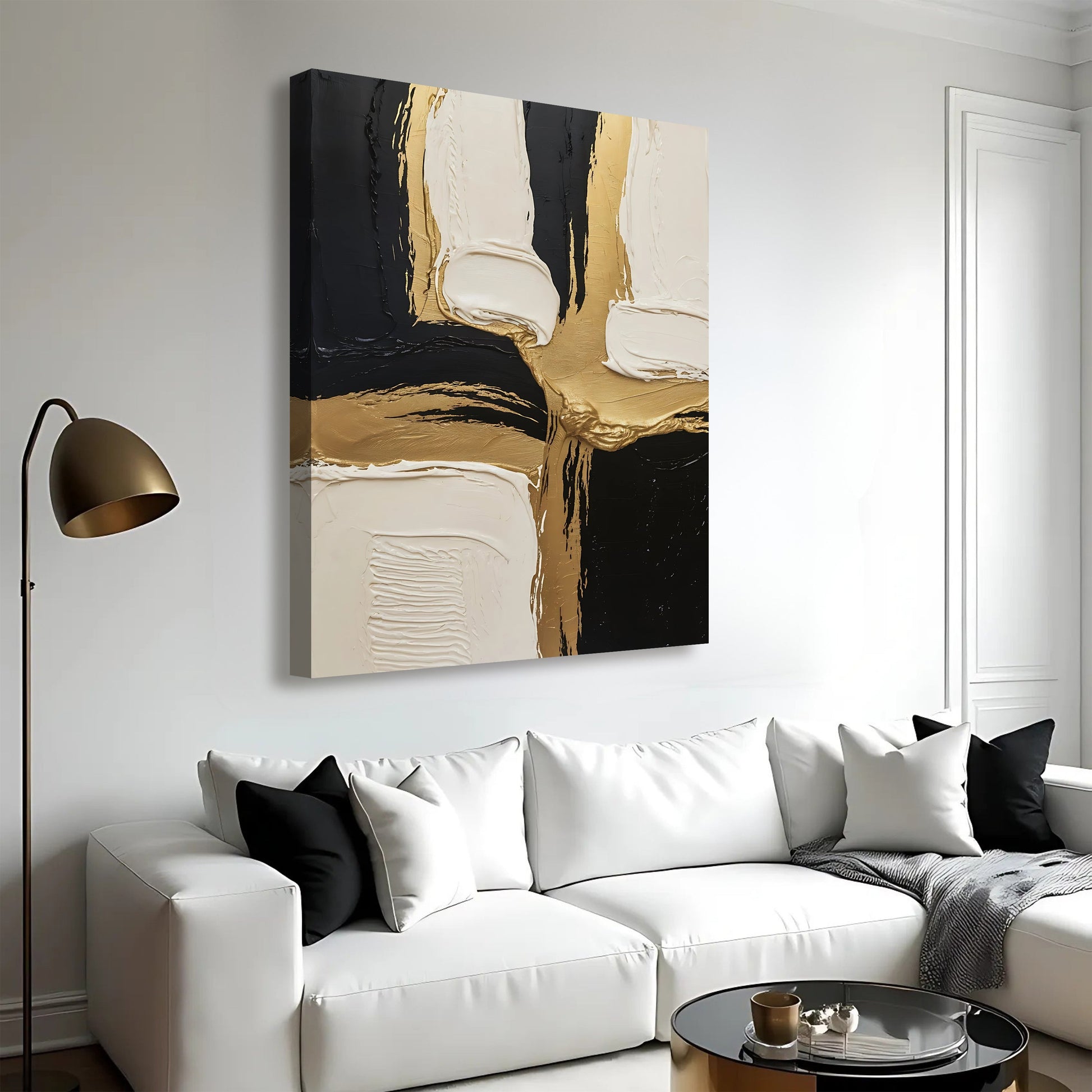 Black white and gold abstract canvas wall art with luxurious modern geometric composition