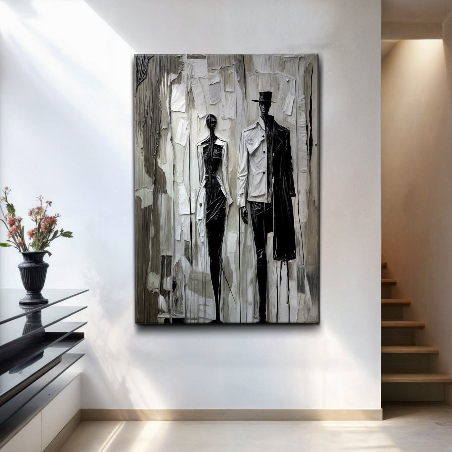 Beige and black minimalist abstract canvas wall art for modern interiors