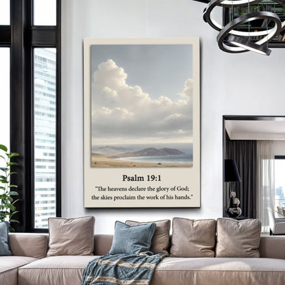Psalm 19:1 The Heavens Declare Cloudy Sky canvas shown in a styled room setting, view 4