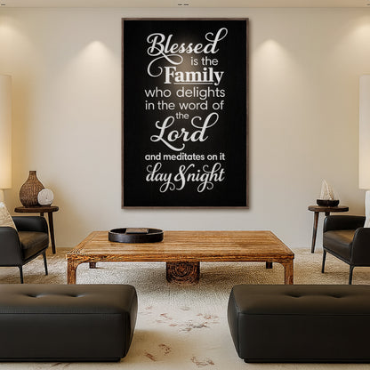Blessed Is the Family Black and White canvas shown in a styled room setting, view 3